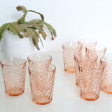 Pink glass water glass, lot of 9, French vintage