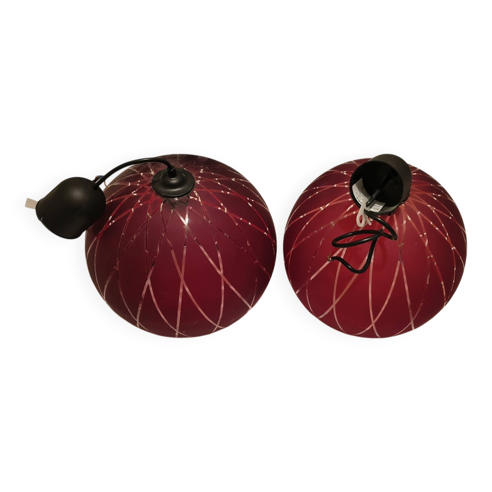 2 red glass Tosel pendants