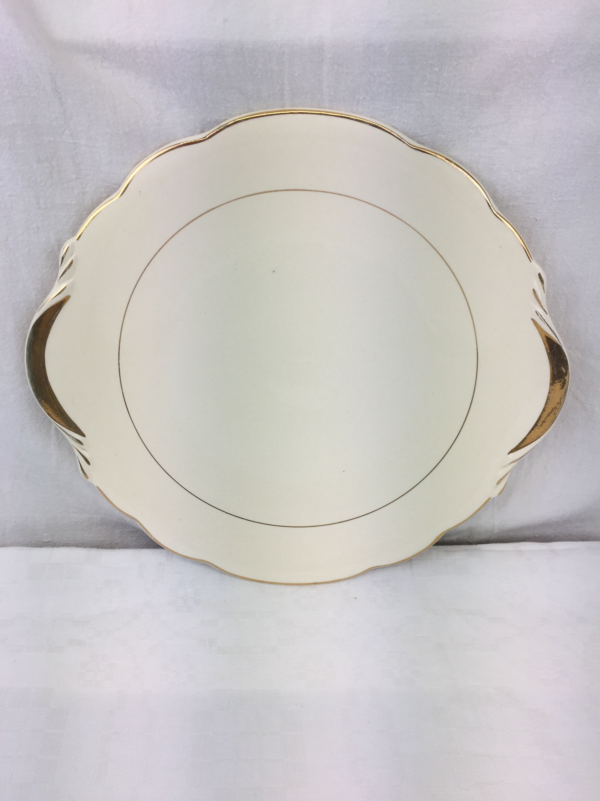Antique round dish with handles, ivory and gold colored porcelain, made in France Sarreguemines Digoin