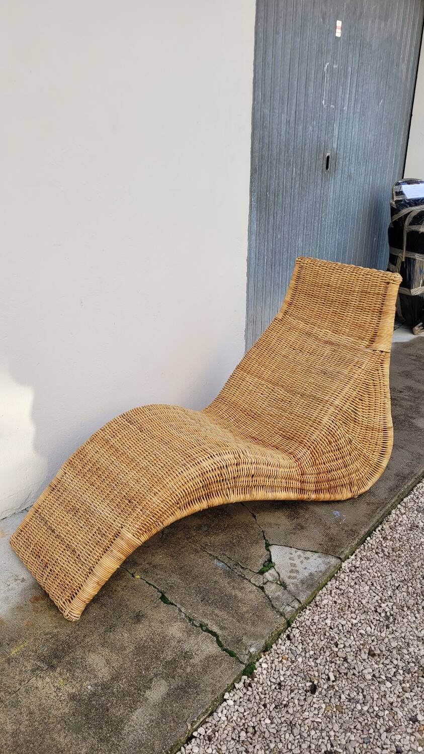 Vintage rattan chaise longue deck chair - 1970s