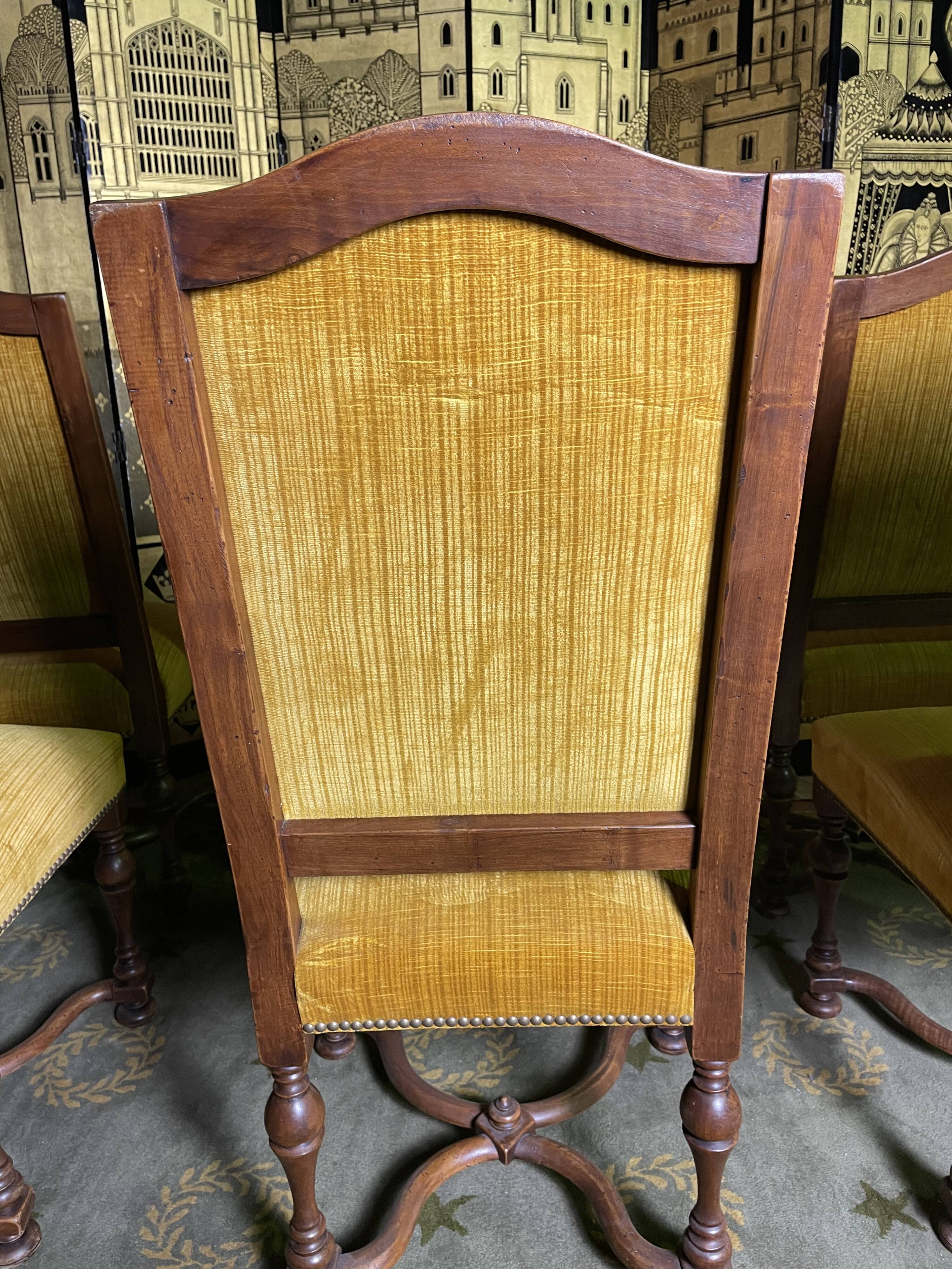 Suite of 6 chairs walnut and yellow velvet louis XIV style