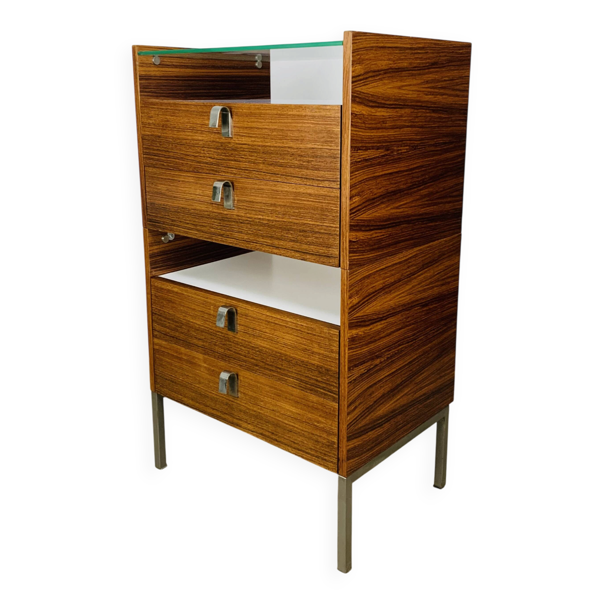 Rosewood and glass chest of drawers, 1960s, Scandinavian storage furniture.