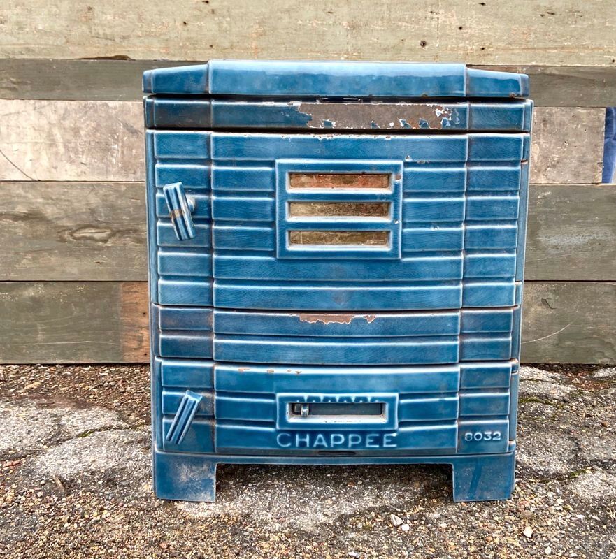 Antique wood pole signed chapée cast iron enamel blue retro design