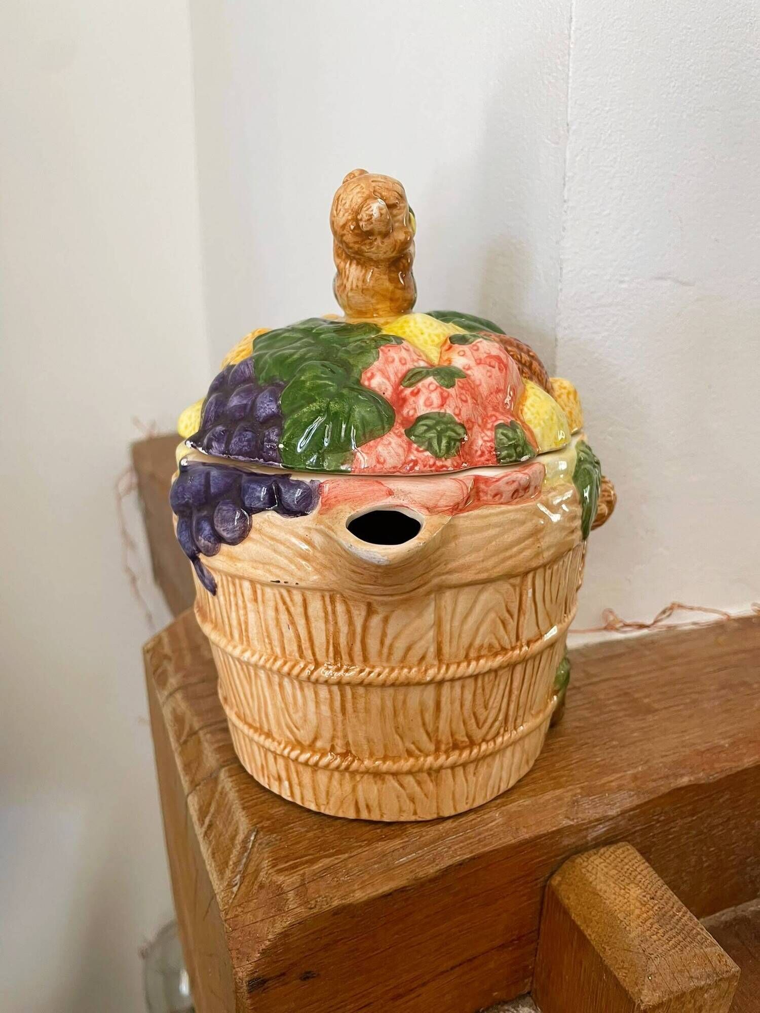 Vintage fruit and bear barbotine teapot