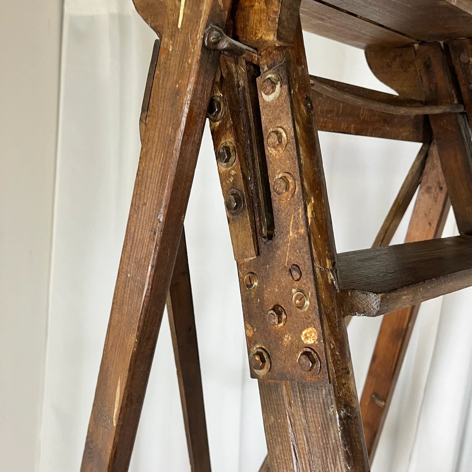 Large wooden painter's step ladder, patinated, 20th century