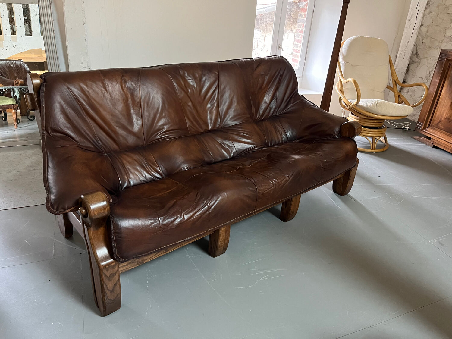 1960s Sofa and 2 Armchairs Set in Wood and Leather