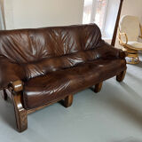 1960s Sofa and 2 Armchairs Set in Wood and Leather