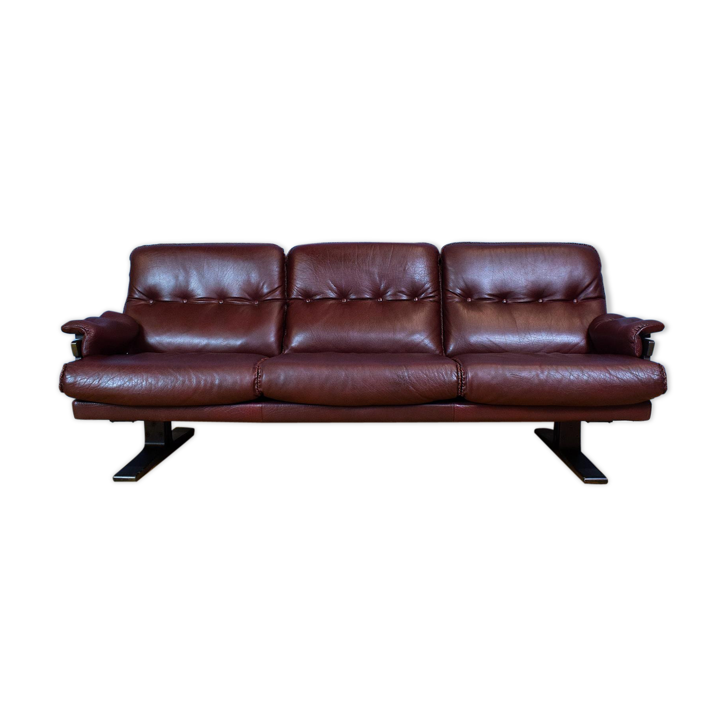 Mid Century Retro Swedish Burgundy Leather Arne Norell 3 Seat Sofa 70s