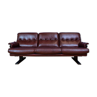 Mid Century Retro Swedish Burgundy Leather Arne Norell 3 Seat Sofa 70s