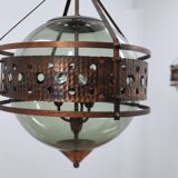 Pair of 1970s Brutalist Copper and Blown Glass Green Bottle Pendant Lamps