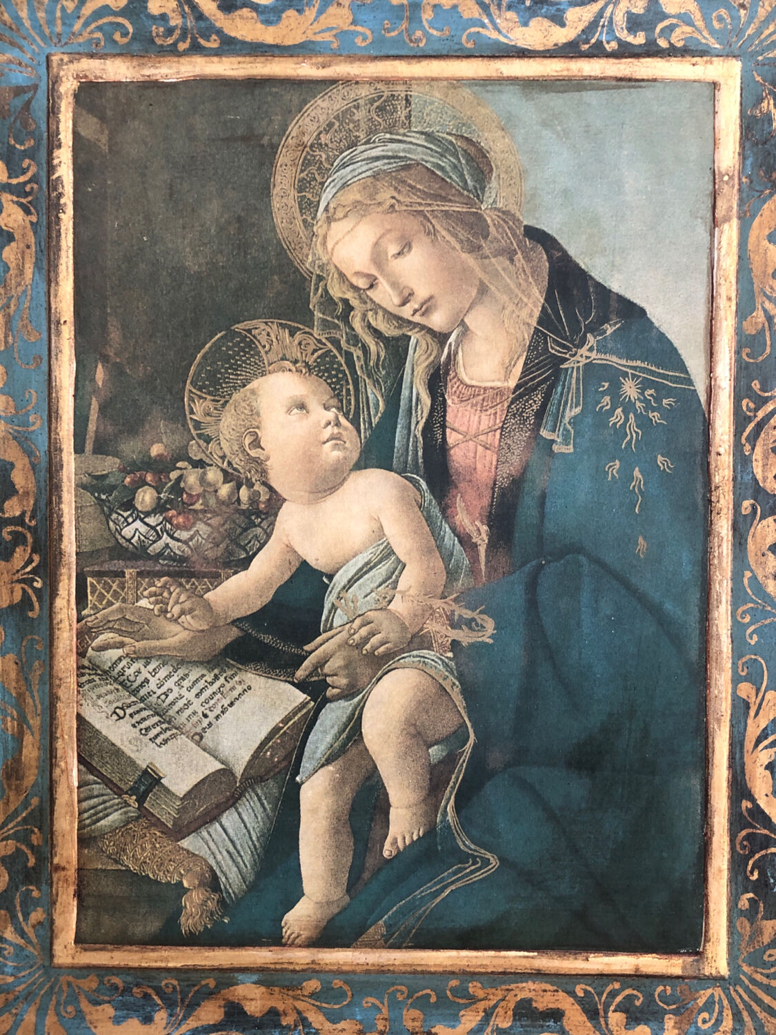 Antique Italian icon, blue and gold wood