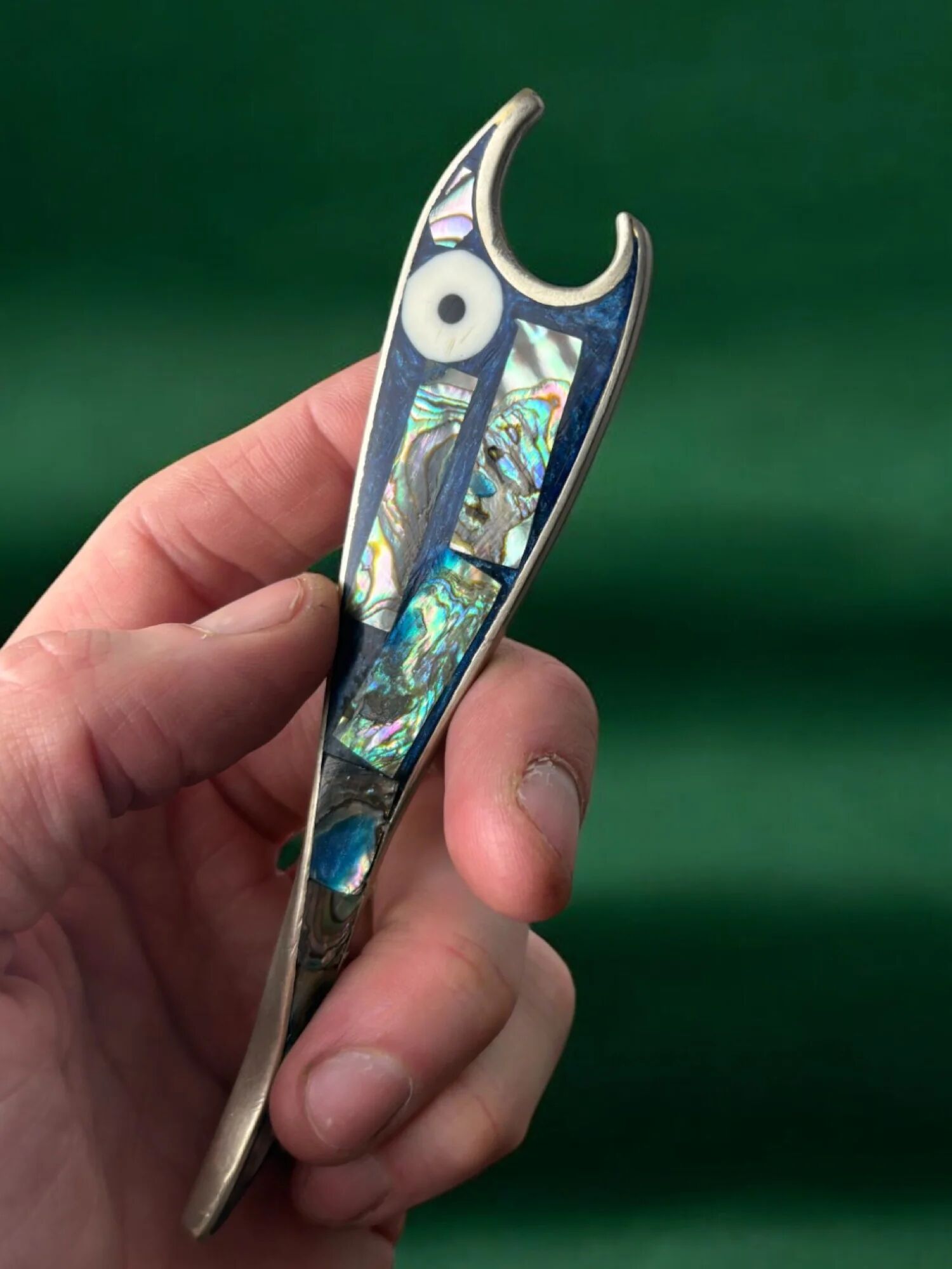 Fish bottle opener, abalone shell & alpaca, Mexico, 1980s