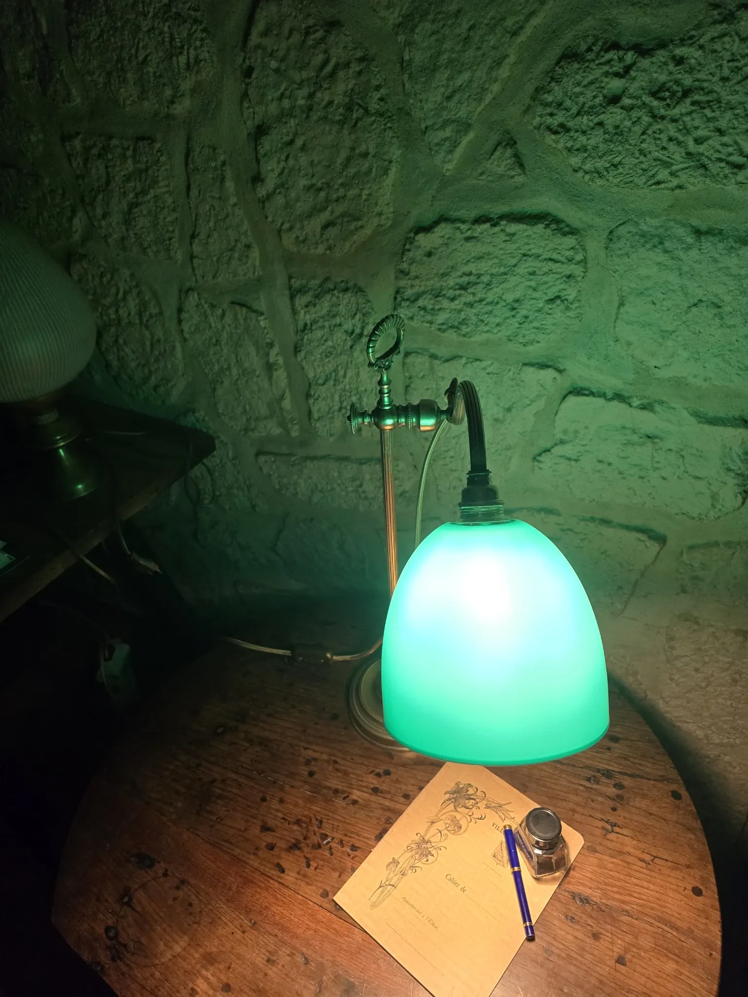 antique brass desk lamp – green shade – adjustable arm