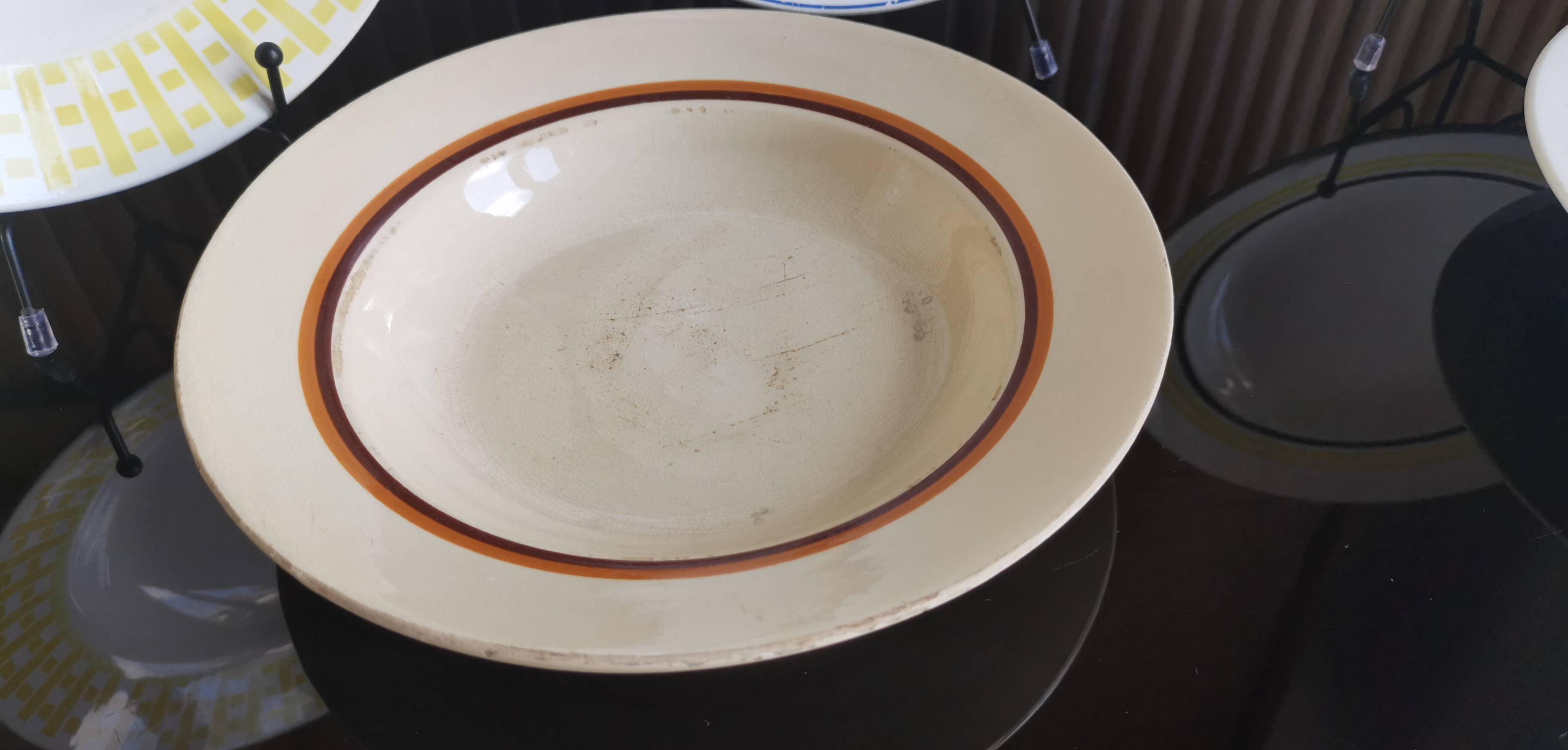 6 old plates mismatched geometric patterns Moulin des Loups, St Amand