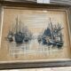 Old gouache broutin urk fishing boats + wooden frame #b545