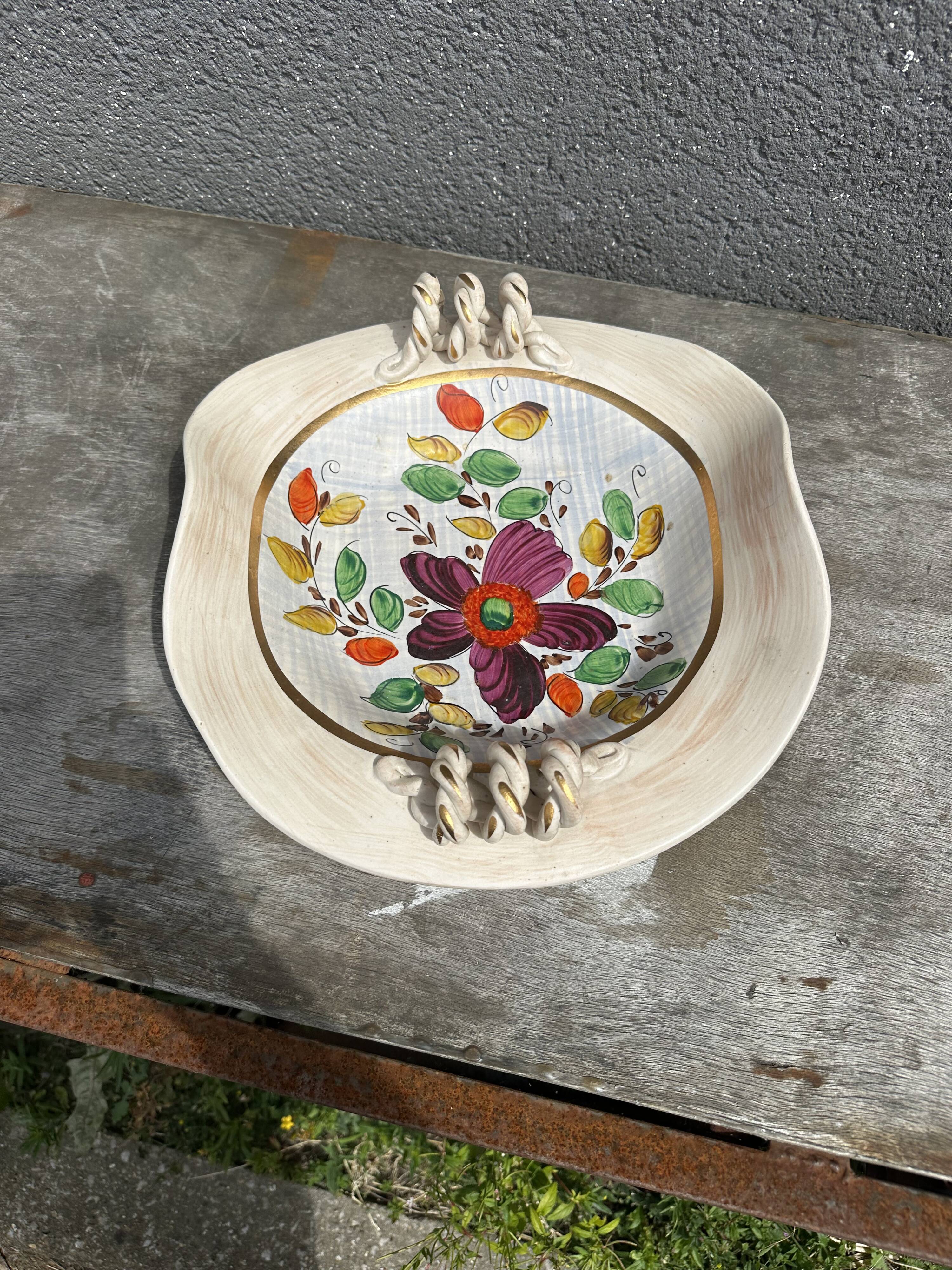 Painted ceramic fruit basket woven by Hubert Becquet, Quaregnon.