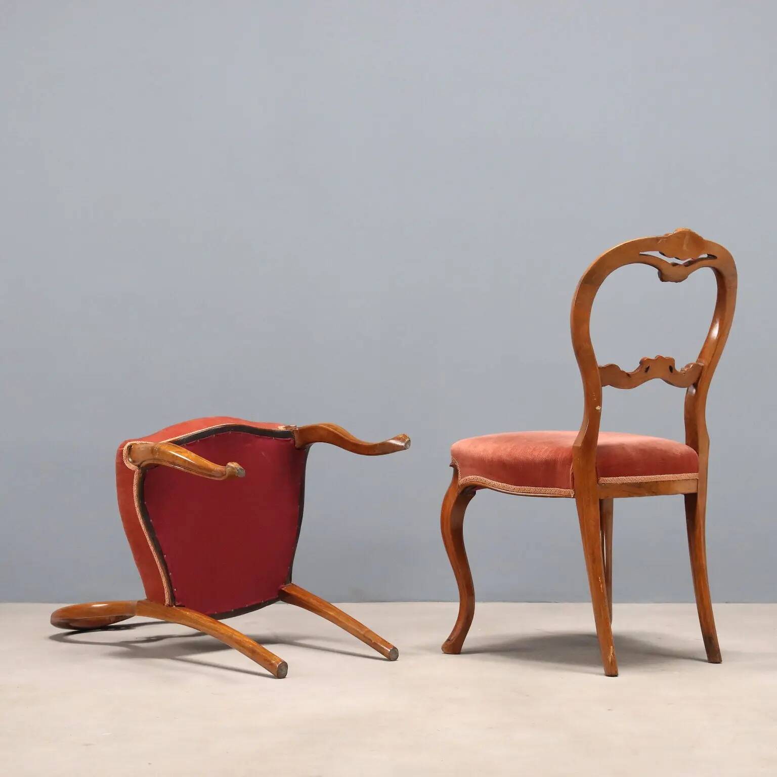 Antique Louis-Philippe chairs in walnut and fabric, Italy, 19th century.