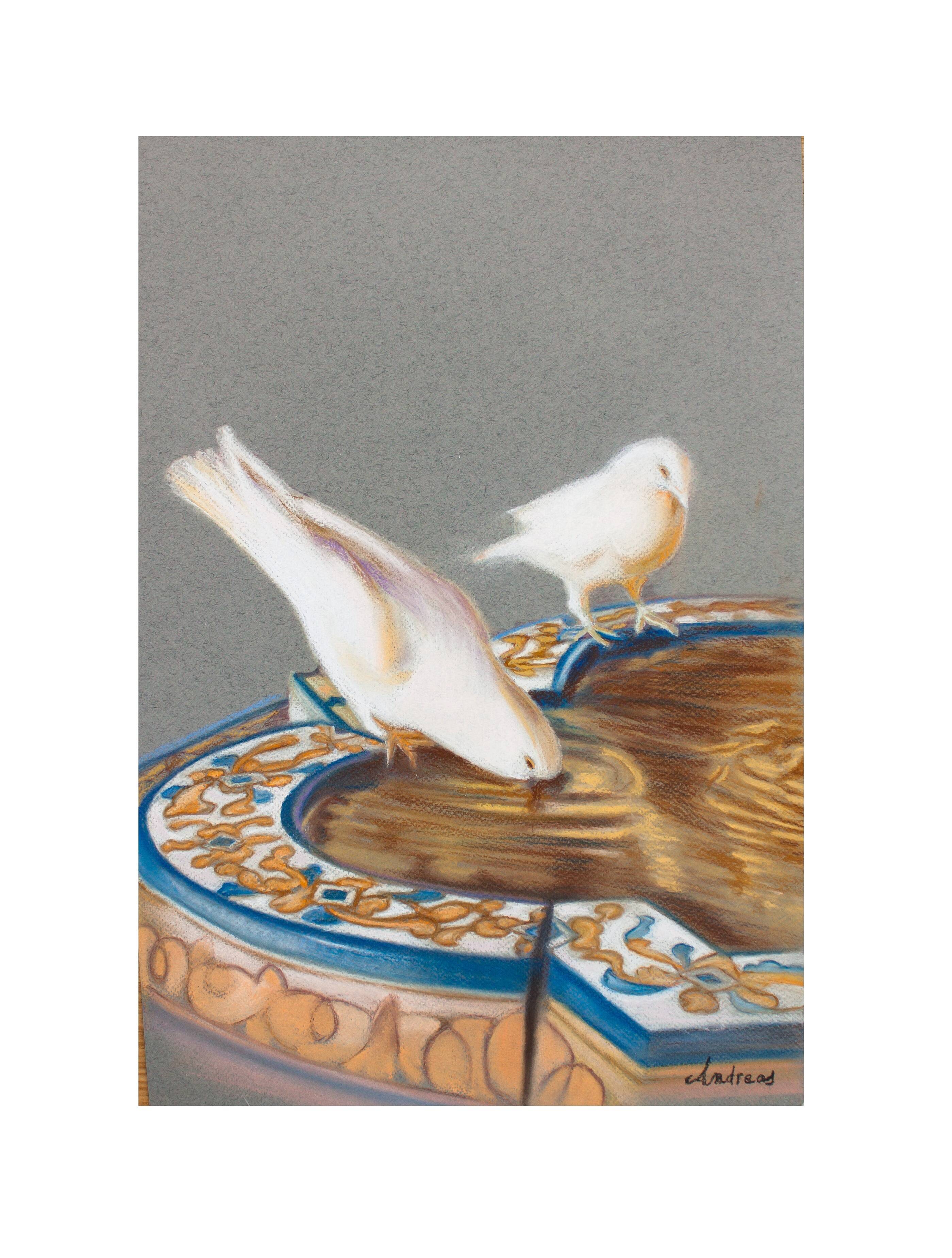 Drawing of pigeons drinking from a fountain. painting of doves. painting of pigeons.