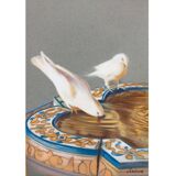Drawing of pigeons drinking from a fountain. painting of doves. painting of pigeons.