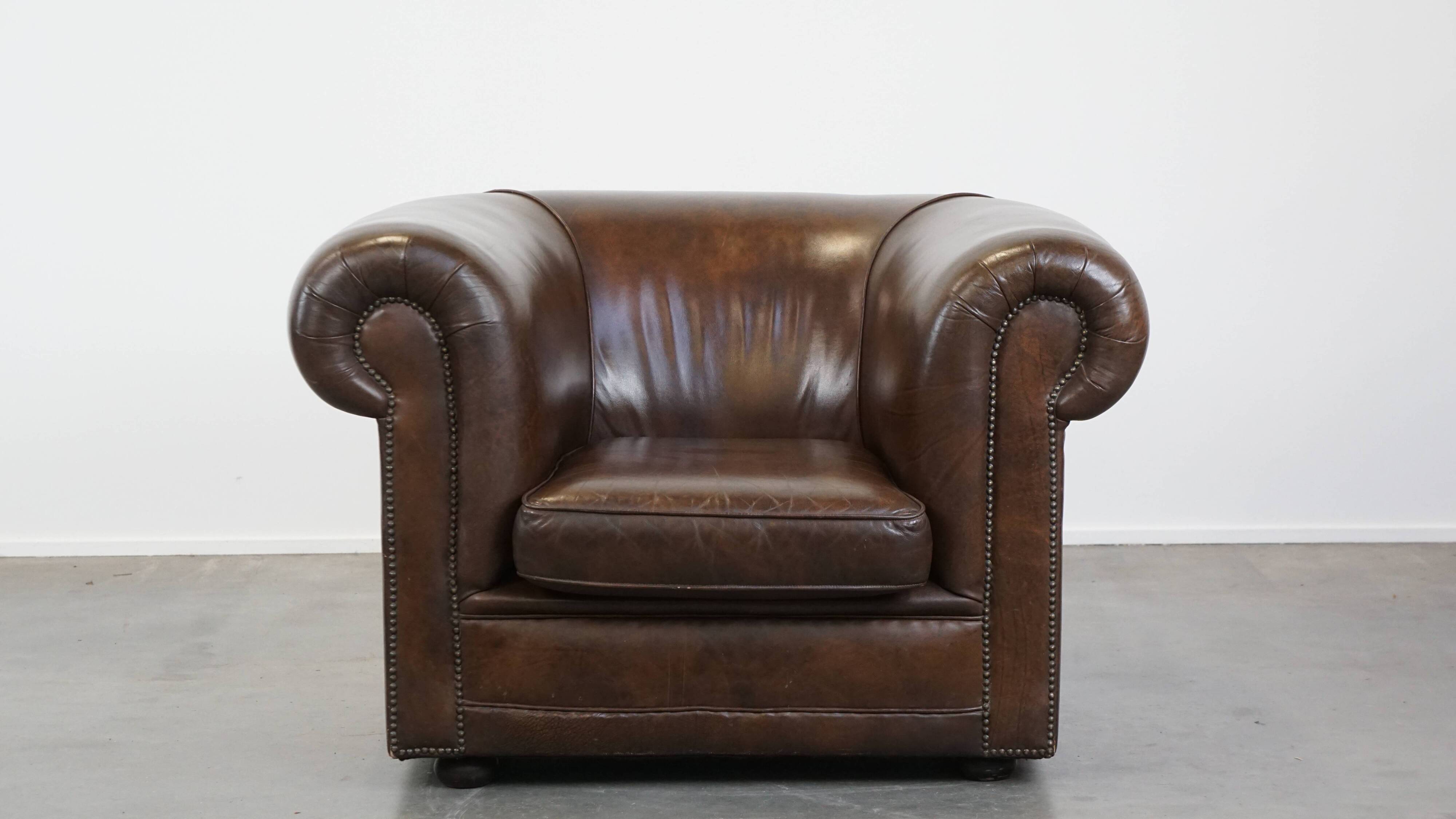 Large, Dark Cowhide Leather Chesterfield Armchair