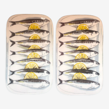 Set of 2 dishes decorated with fish, mackerel or sardines Geneviève Lethu