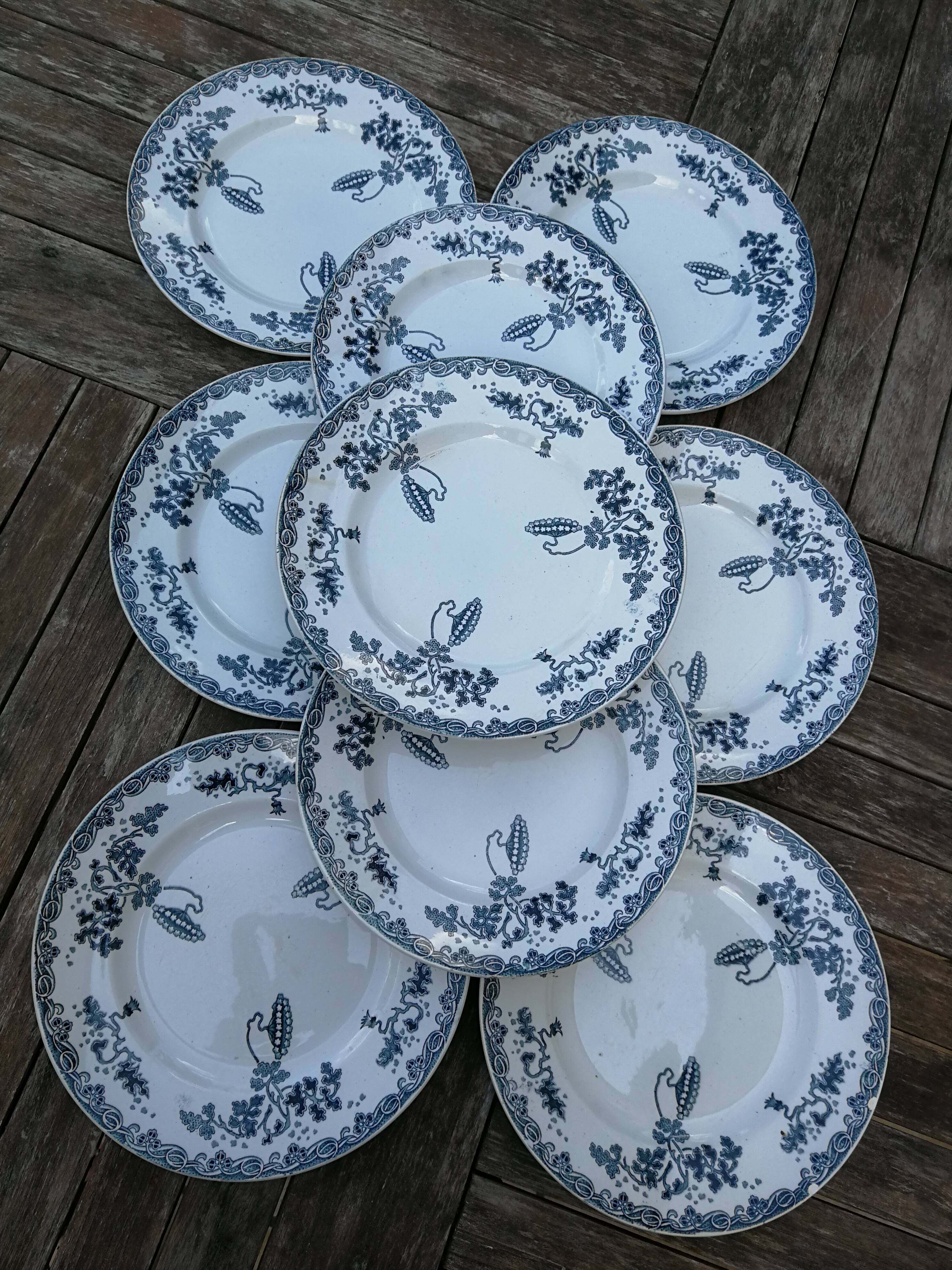 Set of 9 flat plates in iron earth St Amand and Hamage