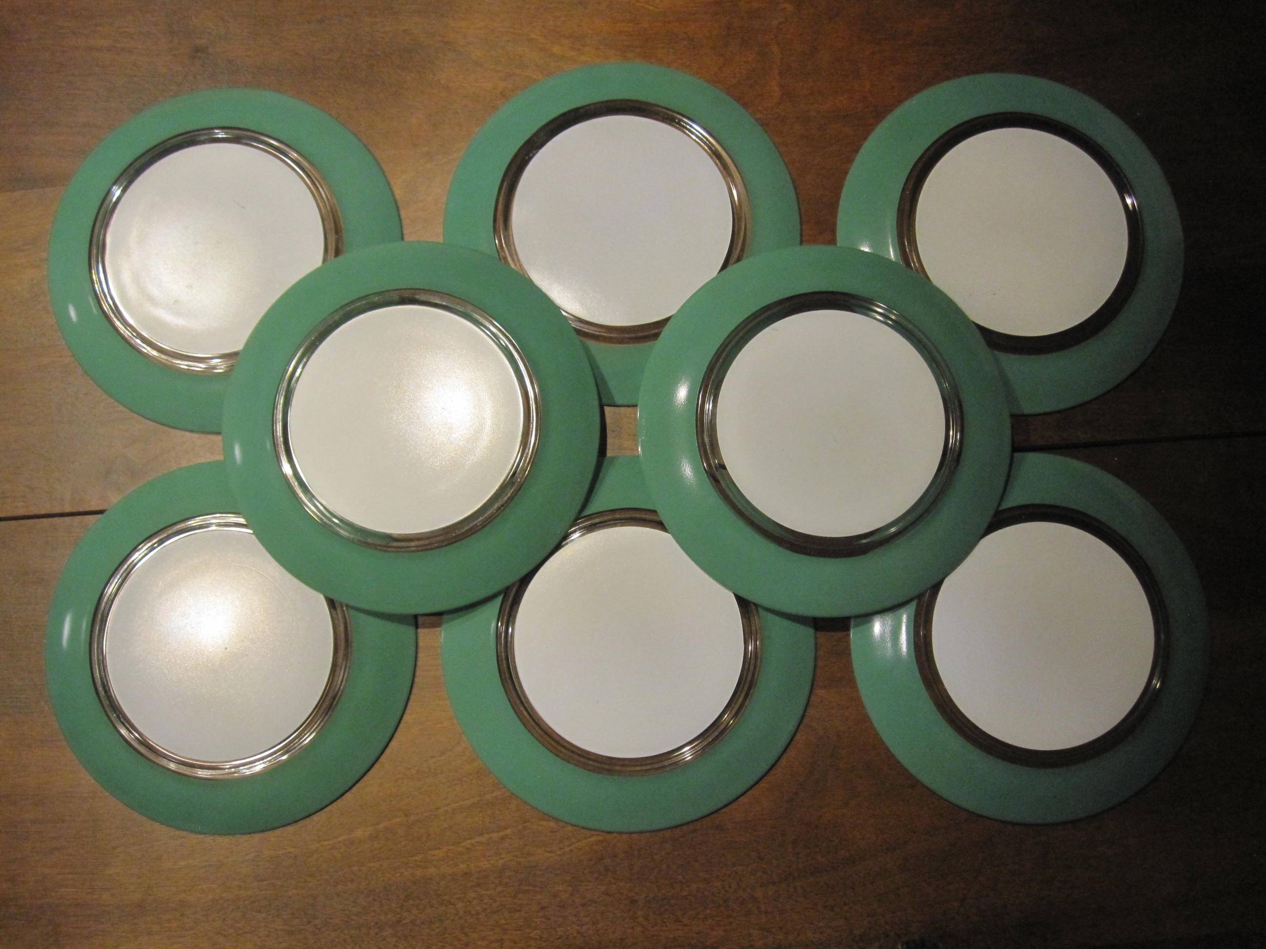 8 small vintage green and white duralex plates
