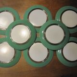 8 small vintage green and white duralex plates