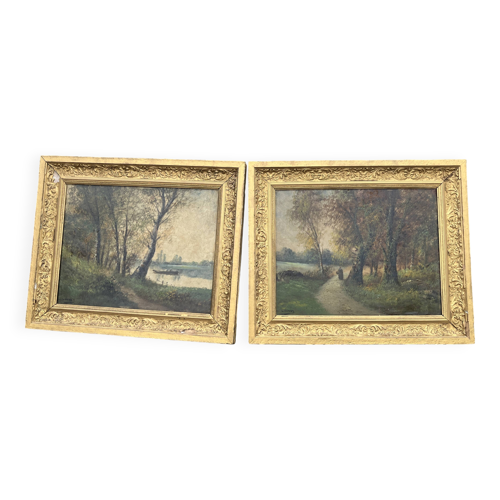 Pair of old paintings signed Henry – Countryside landscapes