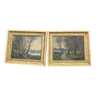 Pair of old paintings signed Henry – Countryside landscapes