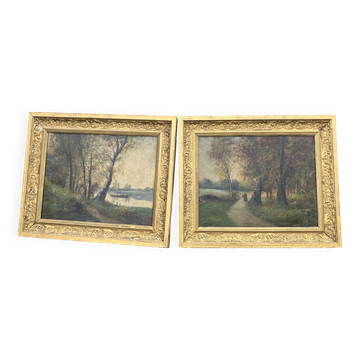 Pair of old paintings signed Henry – Countryside landscapes