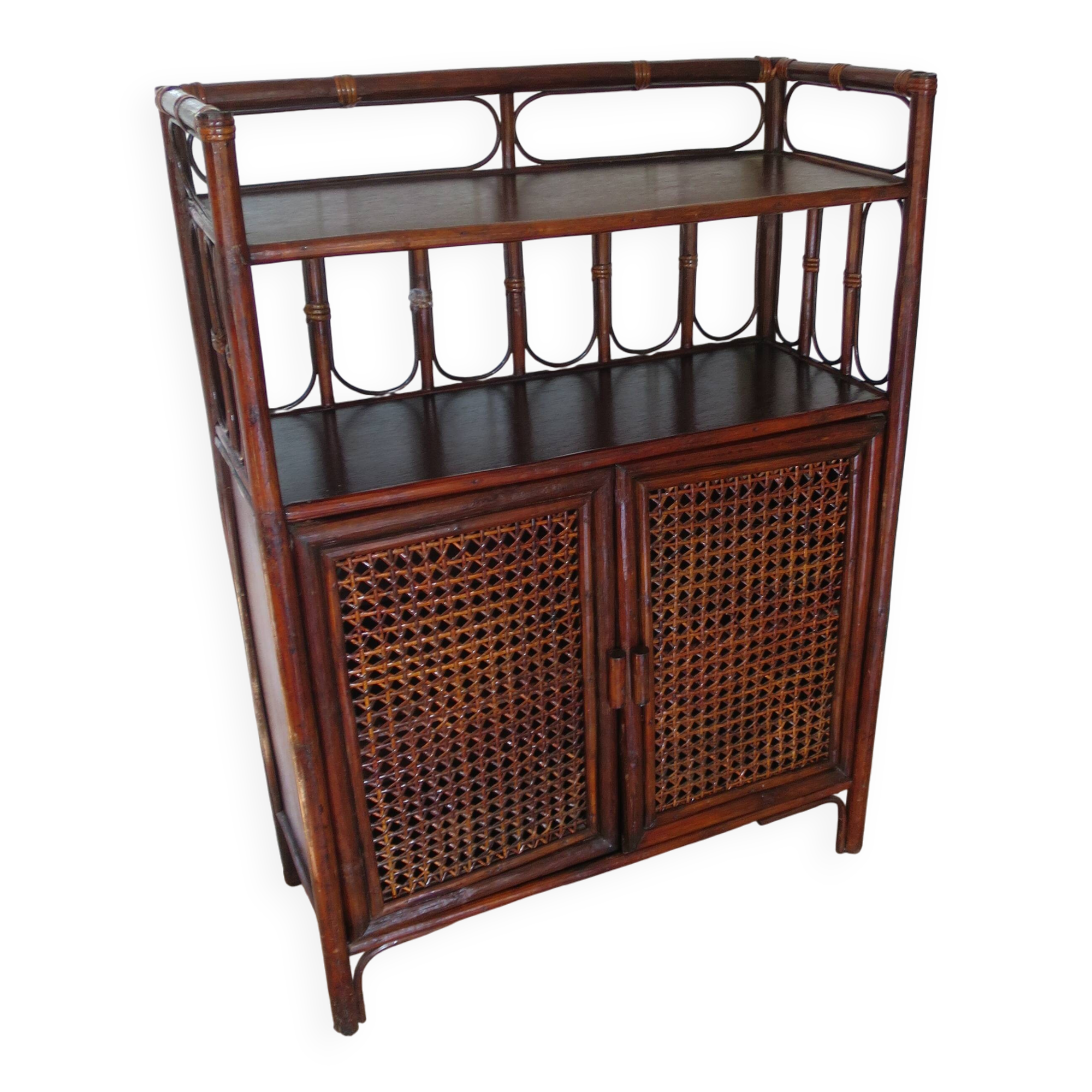Support buffet bibus woven rattan 2 doors in caning - vintage 60s/70s