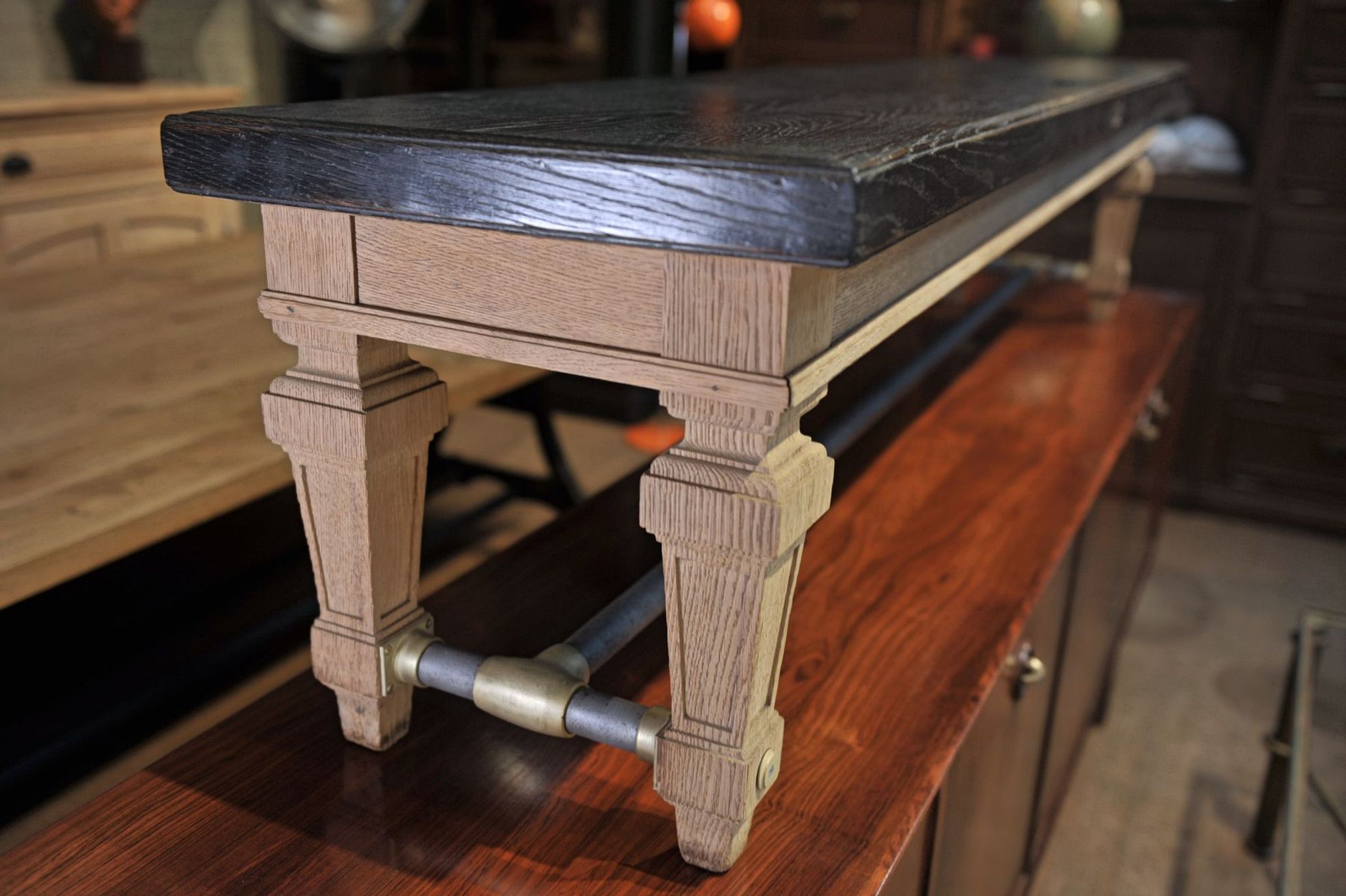 Ancient bench in solid oak and french bank brass