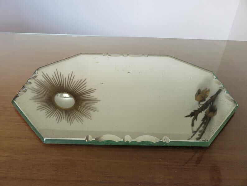Beveled octagonal mirror, Saint Gobain, Art Deco 40s 50s
