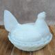 Hen on white opaline glass basket – marked Sv