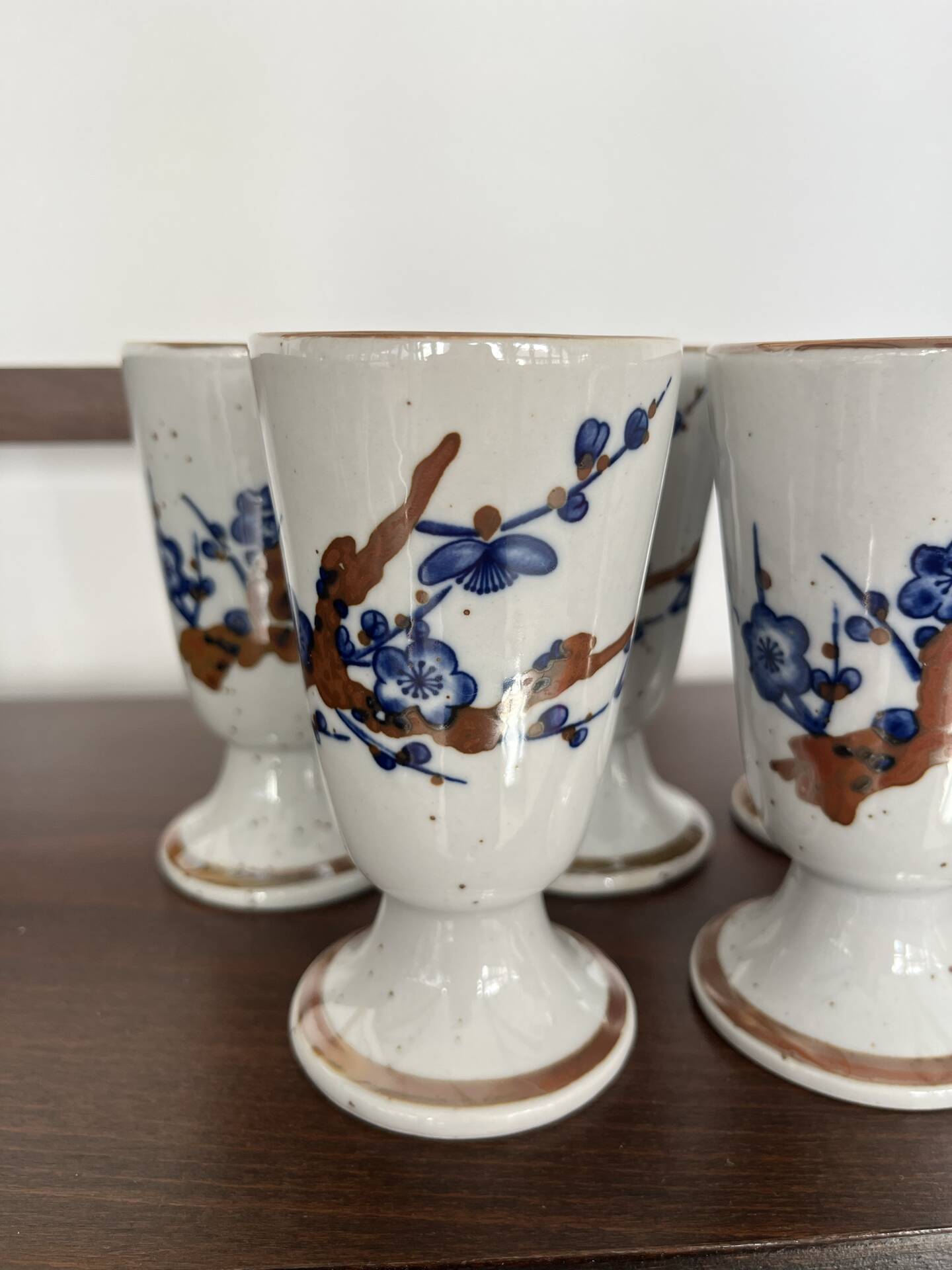 Set of 5 blue stoneware mazagrans "cherry blossom".