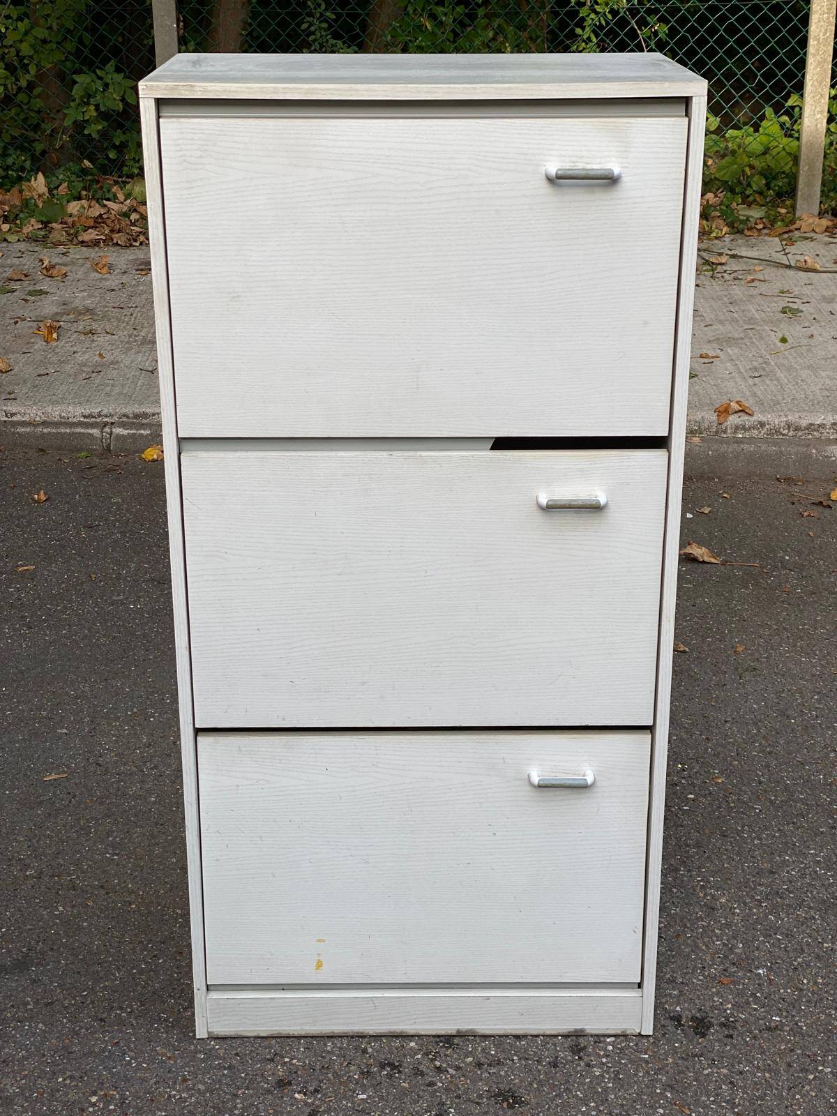 Scandinavian shoe cabinet with 3 beige wooden compartments from the 80s