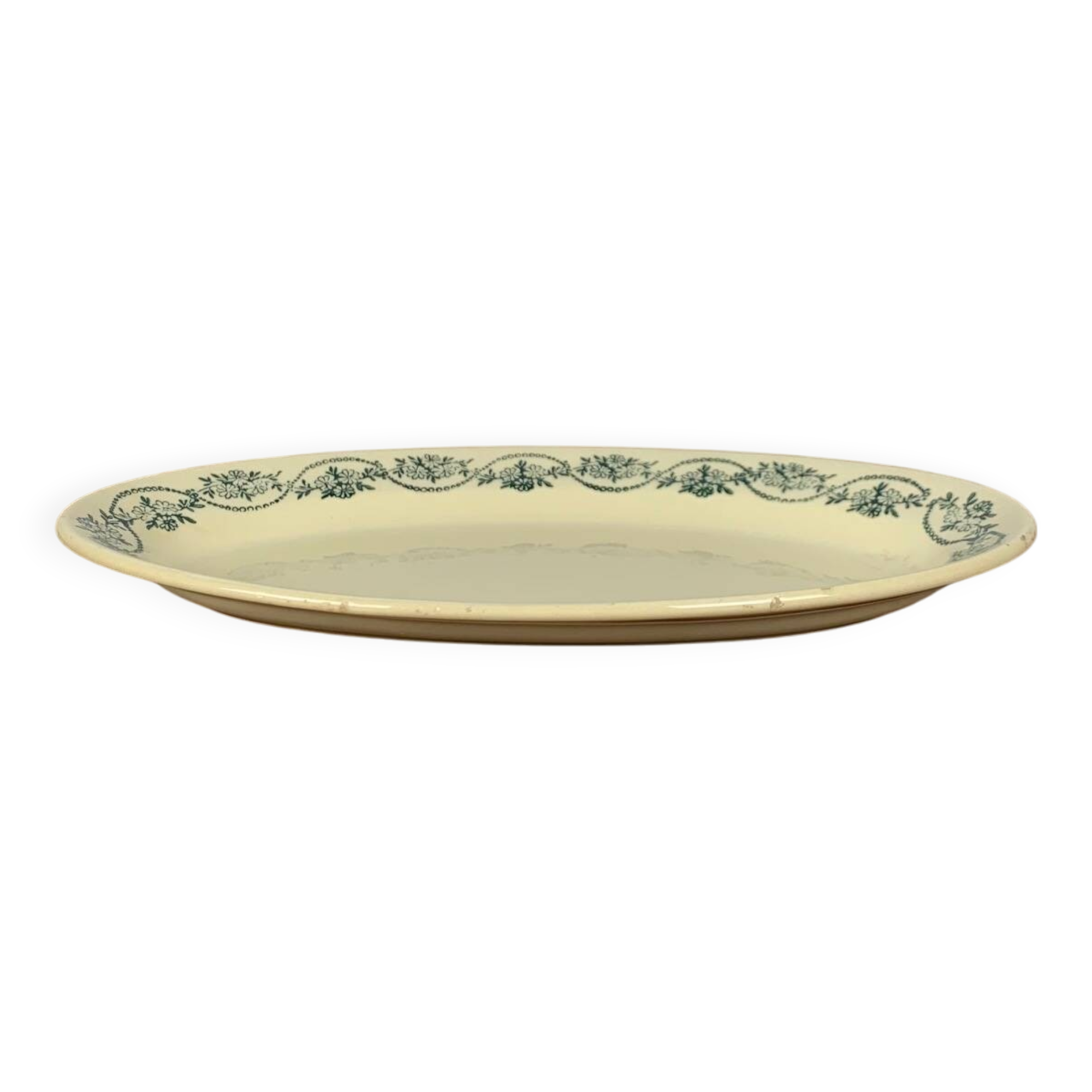 Small St Amand Ceranor dish, dark green flower pattern