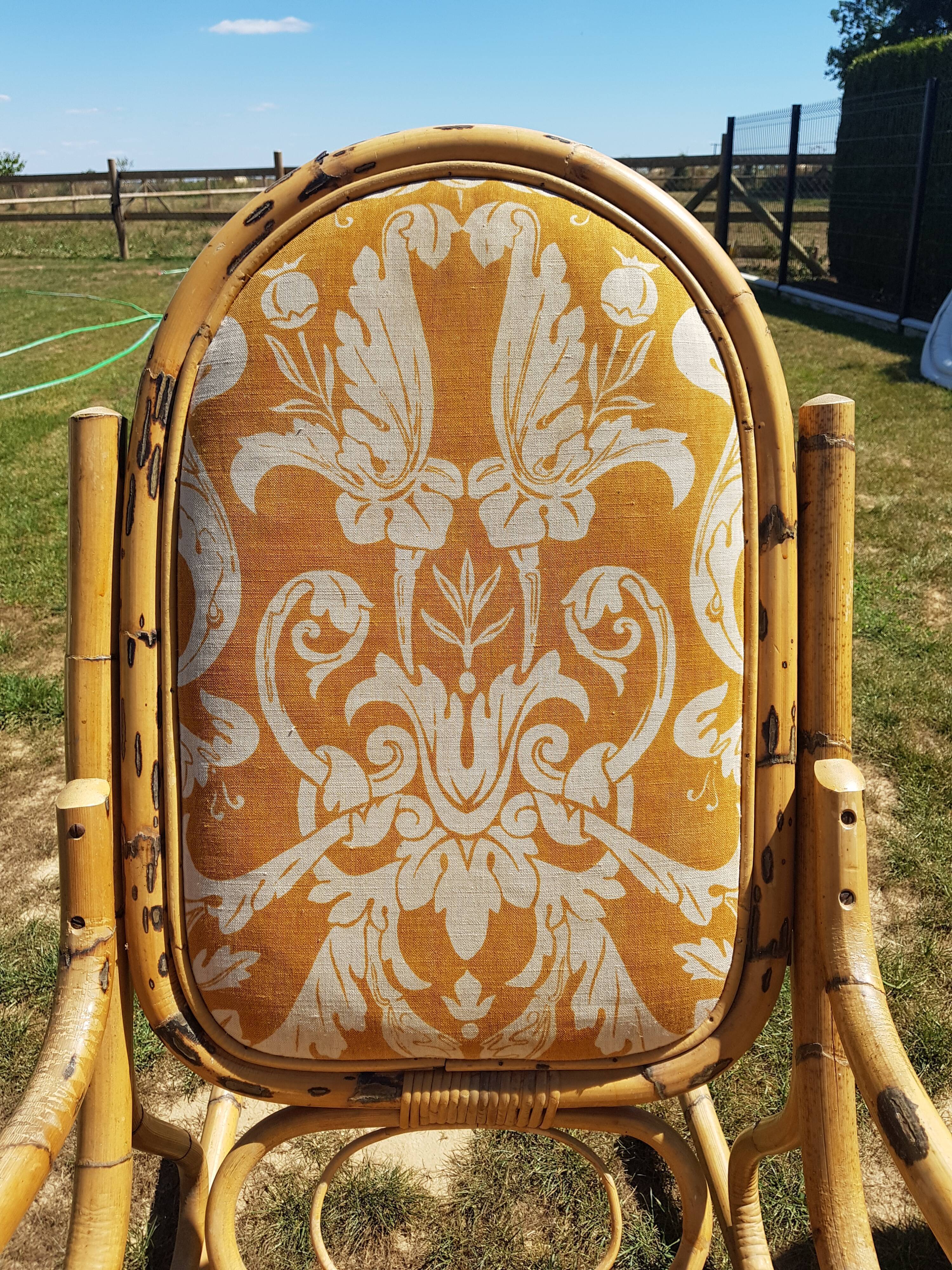 Set of 2 bamboo rocking chairs, yellow fabric with arabesques