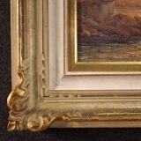 Seascape painting signed by Remo Testa, fishermen at sunset