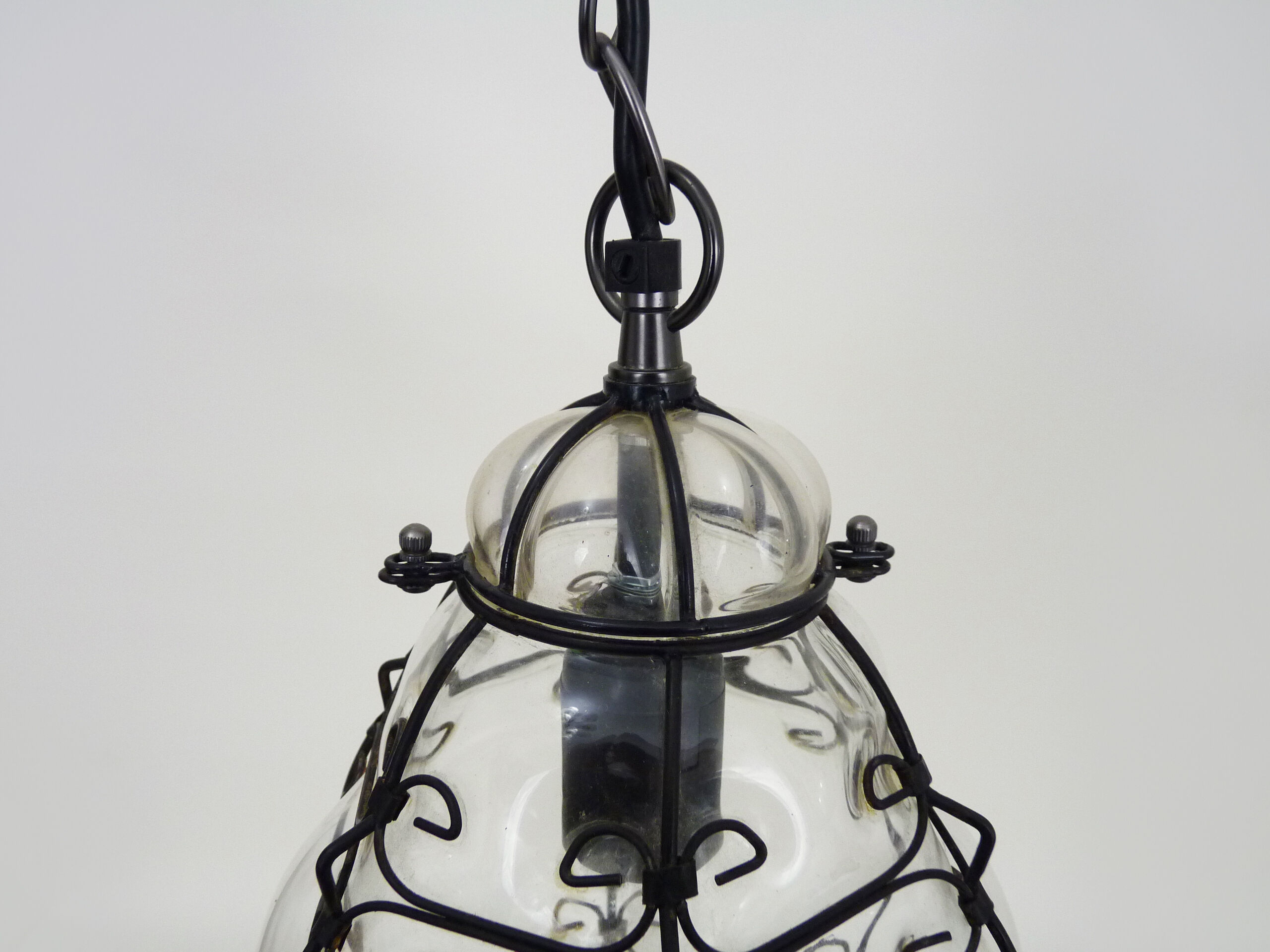 Venetian cage chandelier in transparent blown glass and wrought iron