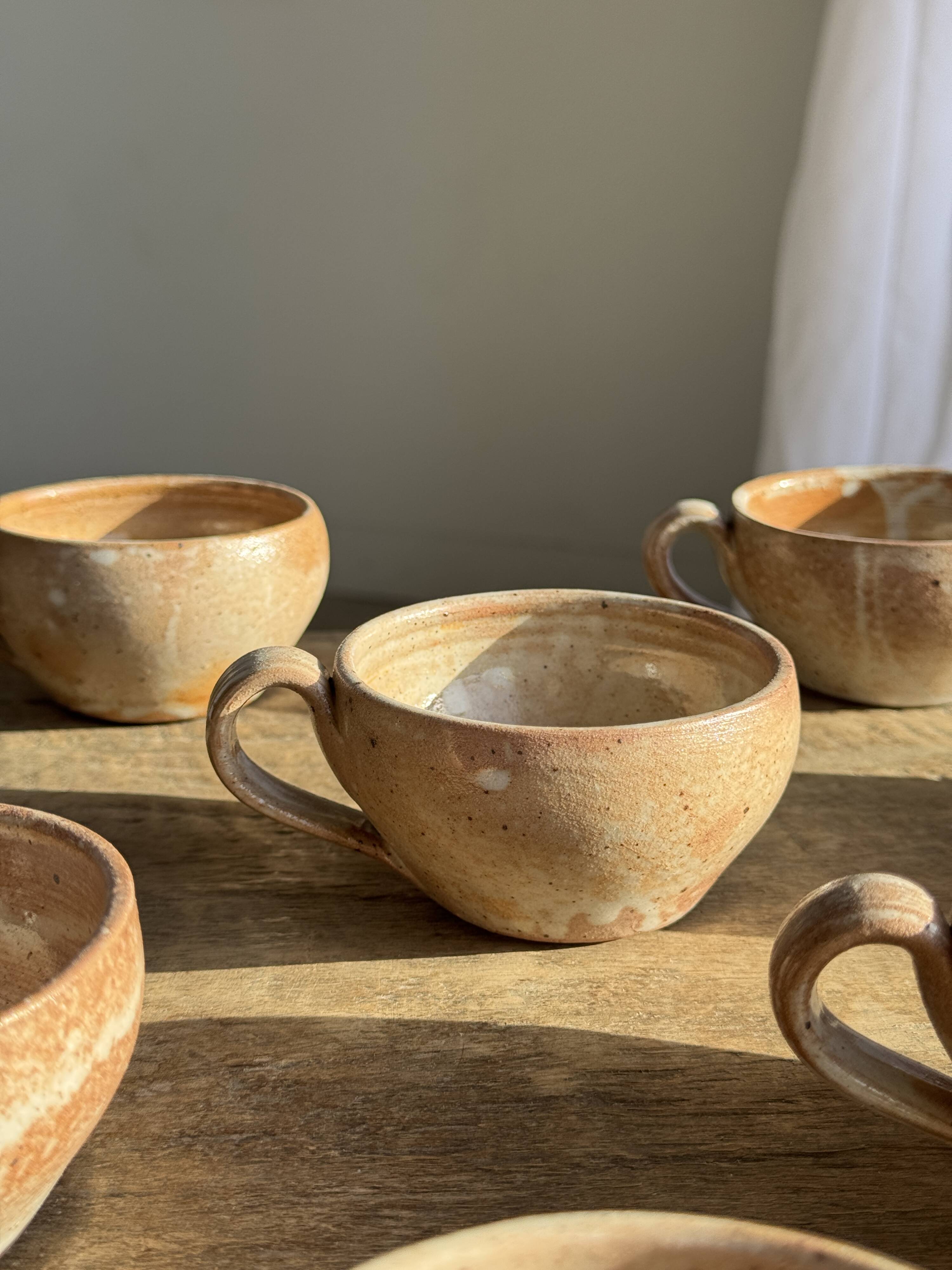 Set of 11 vintage coffee cups, raw matte stoneware H11
