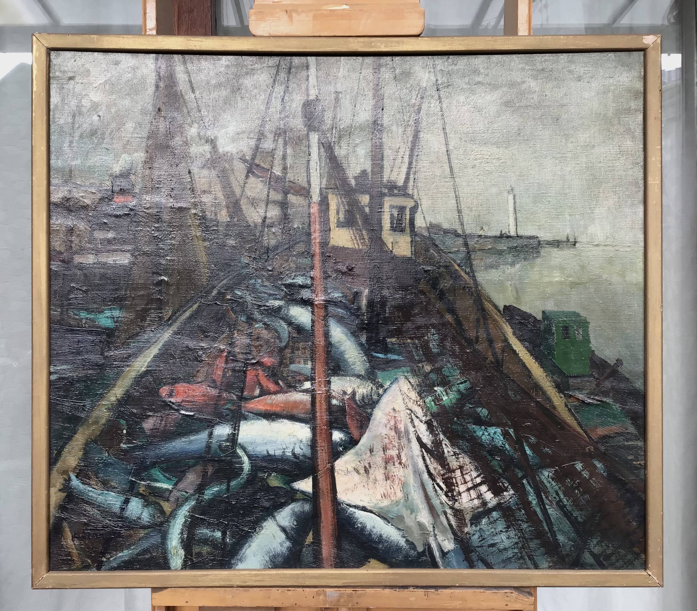 Oil on canvas - “The deck of the trawler returning from fishing” by Lucien Staquet (1911-1989)