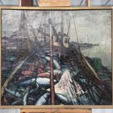 Oil on canvas - “The deck of the trawler returning from fishing” by Lucien Staquet (1911-1989)