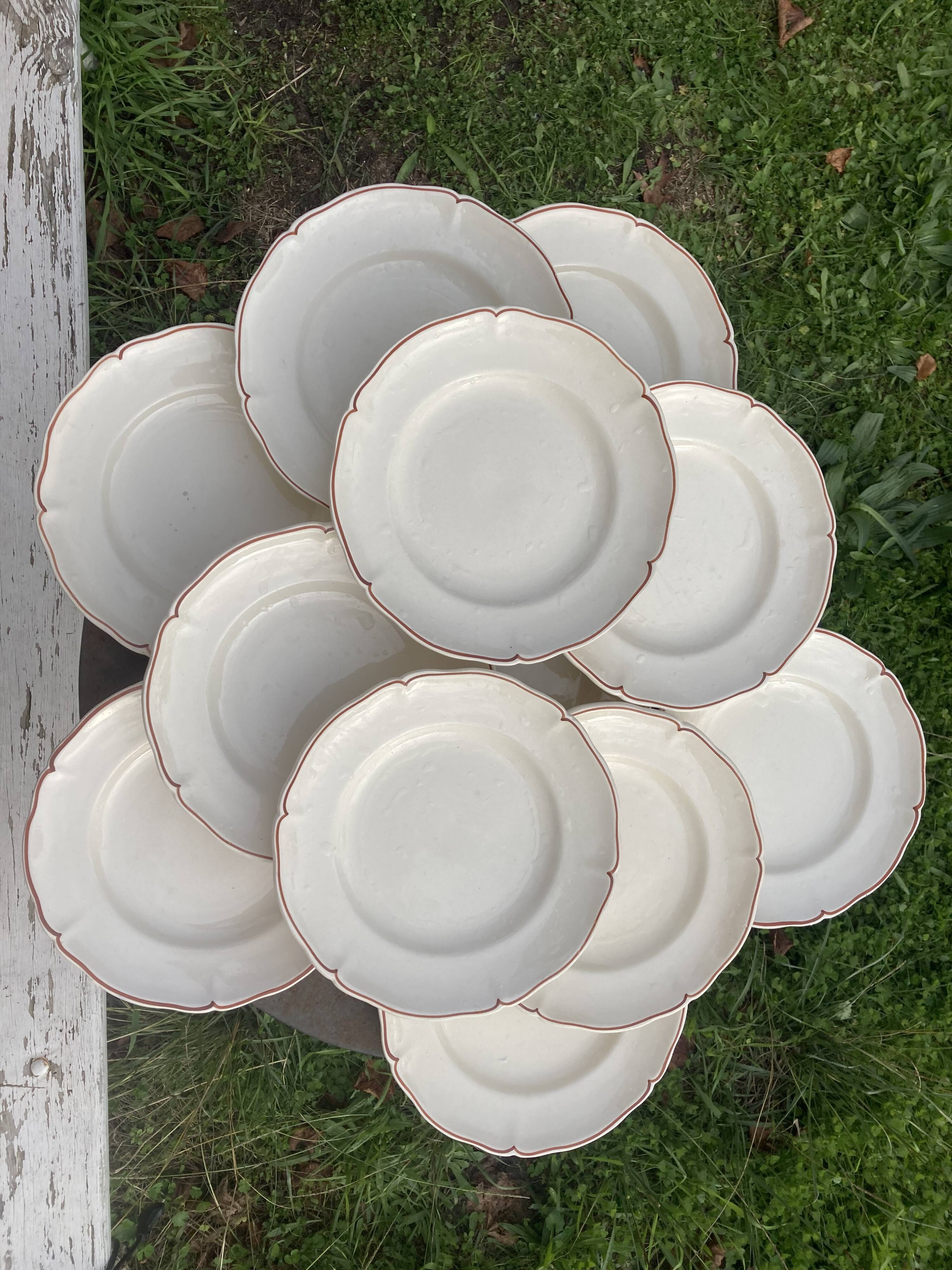 12 white old flat plates with brown fillet