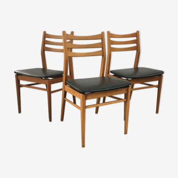 Trio of Scandinavian chairs wood and black skaï