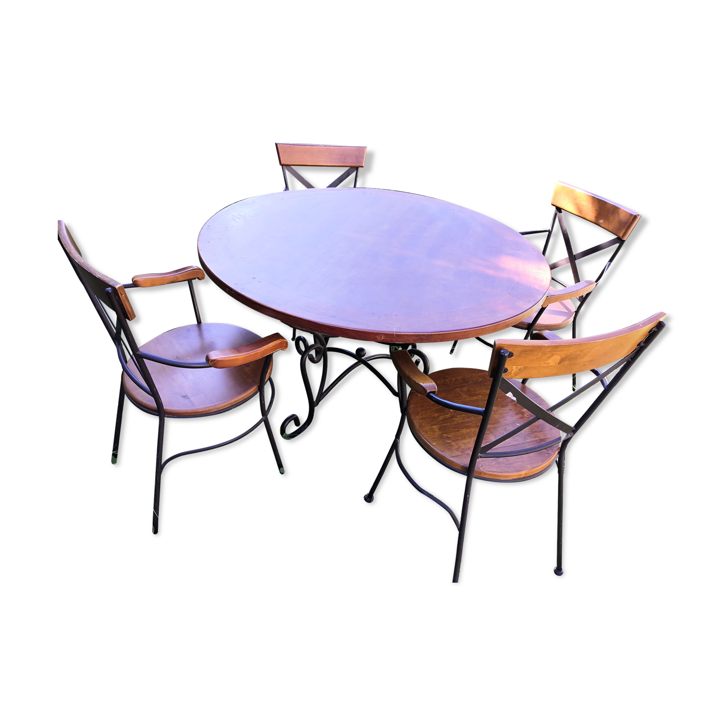 Garden furniture wrought iron and wood table and 4 armchairs