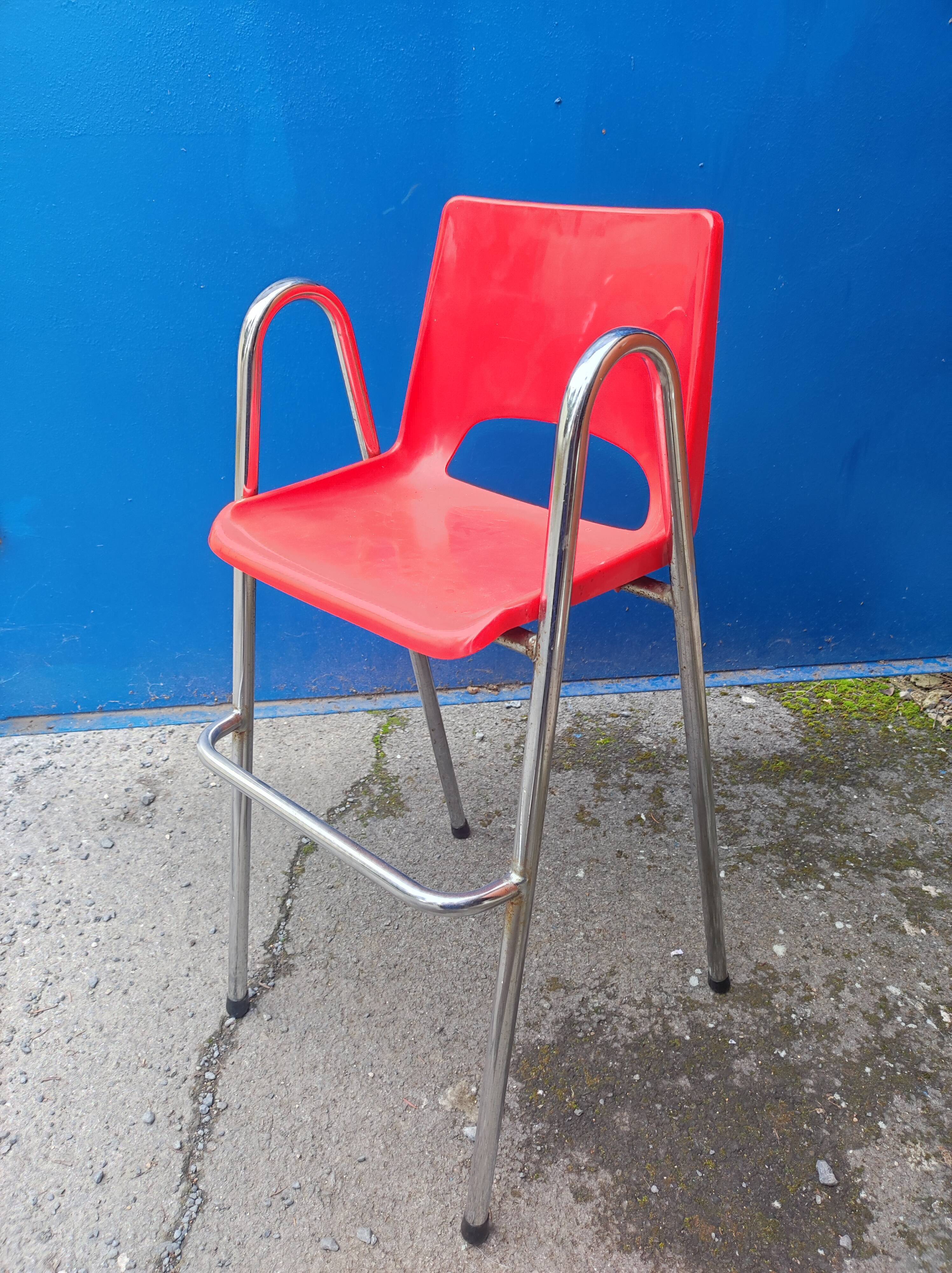 Children's high chair design chrome metal and vintage plastic