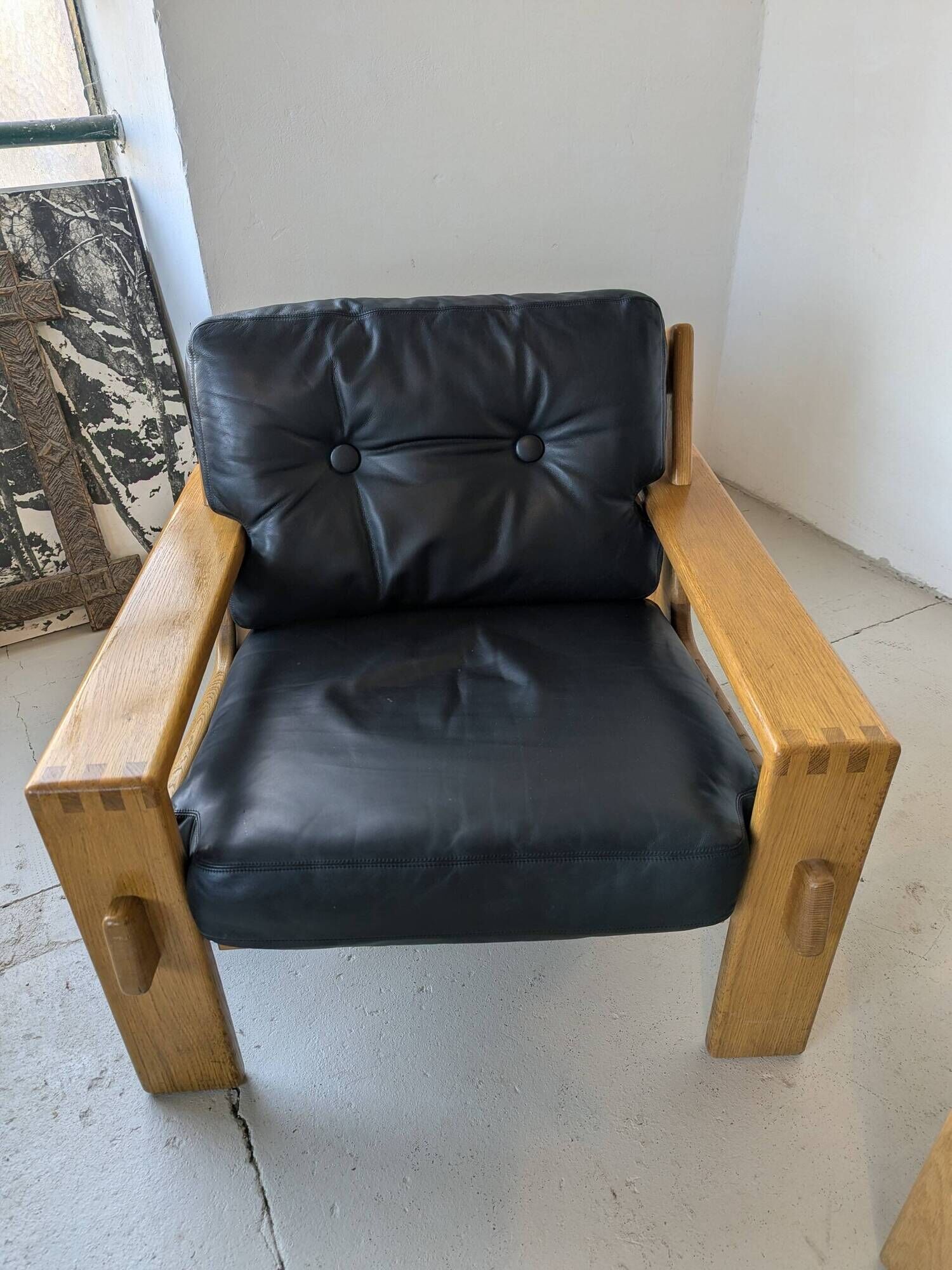 Pair of raw oak and leather armchairs by Esko Pajamies for Asko, Finland.