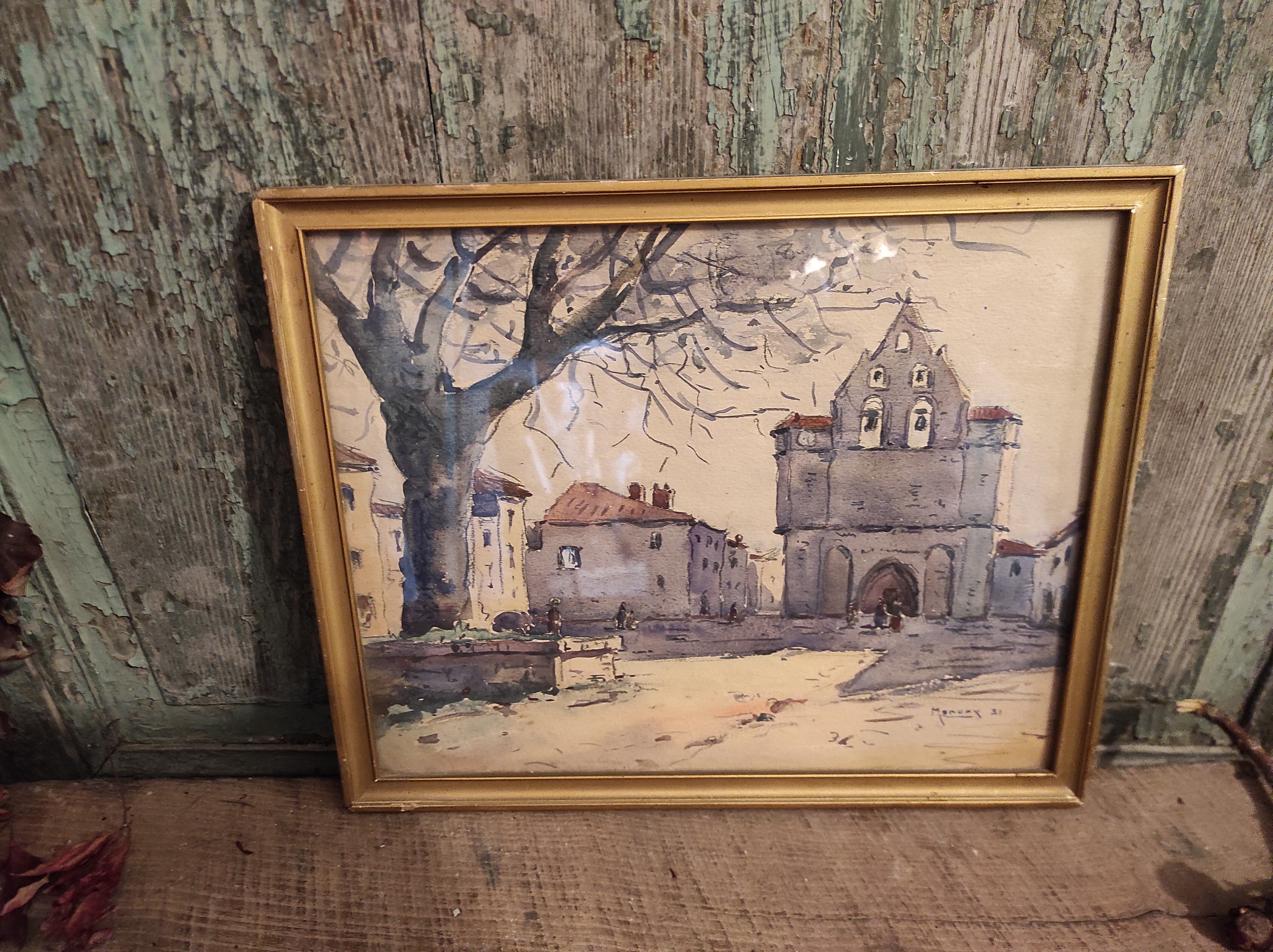 Vintage French watercolour of a village with a church, signed, from 1931